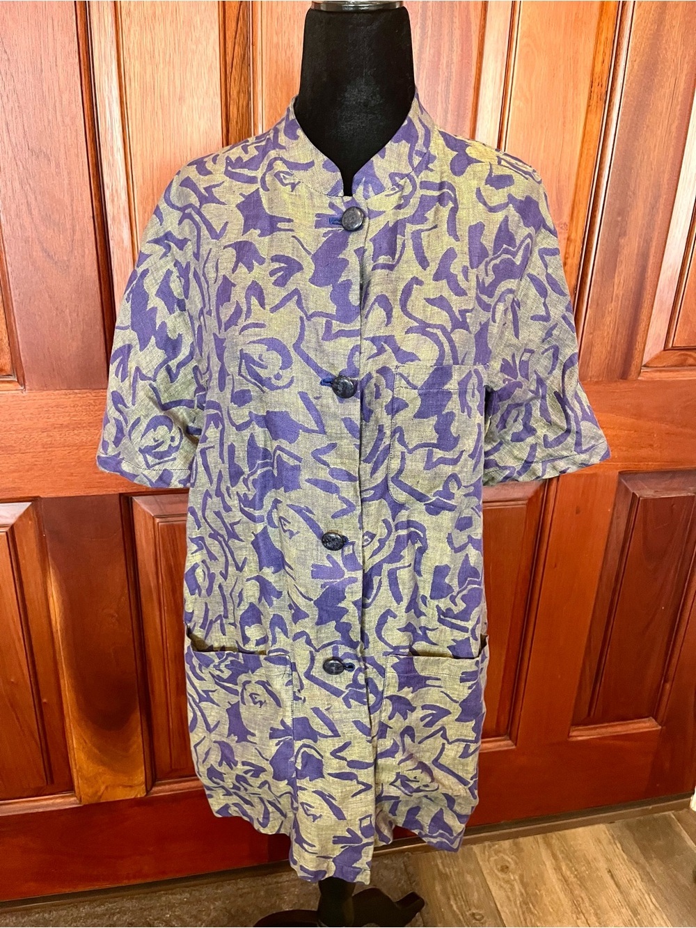 Max Mara Condor 100% Linen Abstract Shirt / Jacket Tunic Length Blue Gold VTG 8
